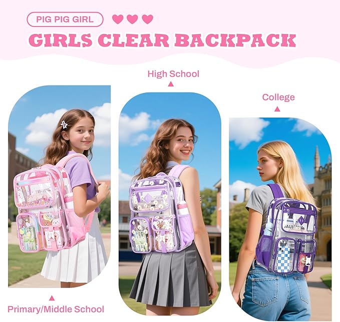 PIG PIG GIRL Clear Backpack for School,Heavy Duty PVC Transparent Bookbag for Girls Stadium Approved See Through Backpack