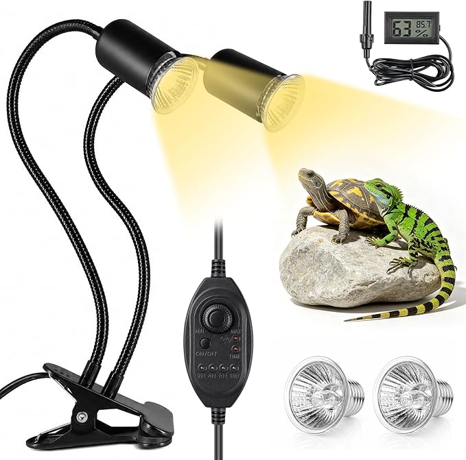 Reptile Heat Lamp with Timer & Hygrothermograph, Double-Head UVA UVB Light | Simulated Sunlight Basking Spot Lamp for Turtle, Lizard, Snake, Beared Dragon, Amphibians, 2 Bulbs 25W+50W