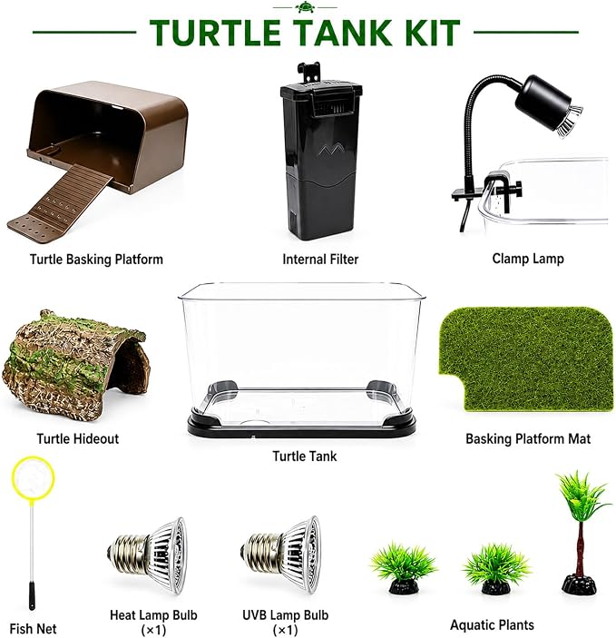 Turtle Tank Starter Kit, Durable PC Turtle Aquarium Kit with Basking Platform & Dimmable Heat Lamp, Baby Aquatic Turtle Tank with Filter, Complete Turtle Habitat Kit for Beginners