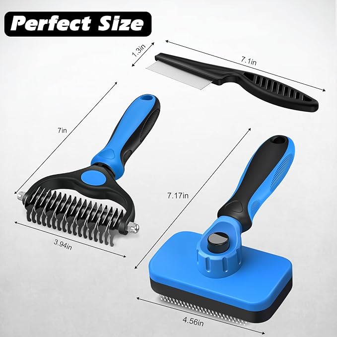 3PCS Self Cleaning Slicker Brush & Pet Grooming Rake & Flea Comb for Dogs, Cats and Horses | Skin Friendly Deshedding Grooming Tool & Double-Sided Dematting Comb | Premium Pet Supplies