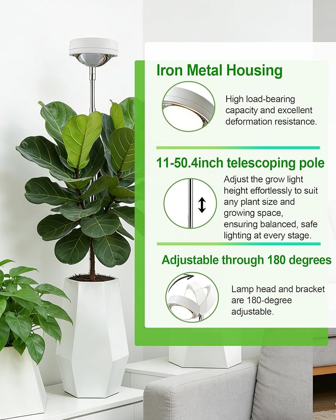 Plant Grow Light, LED Growing Light Full Spectrum for Indoor Plants,White Magnifying Glass Plant Lights,Height Adjustable, Automatic Timer, 5V Low Safe Voltage,Idea for Large