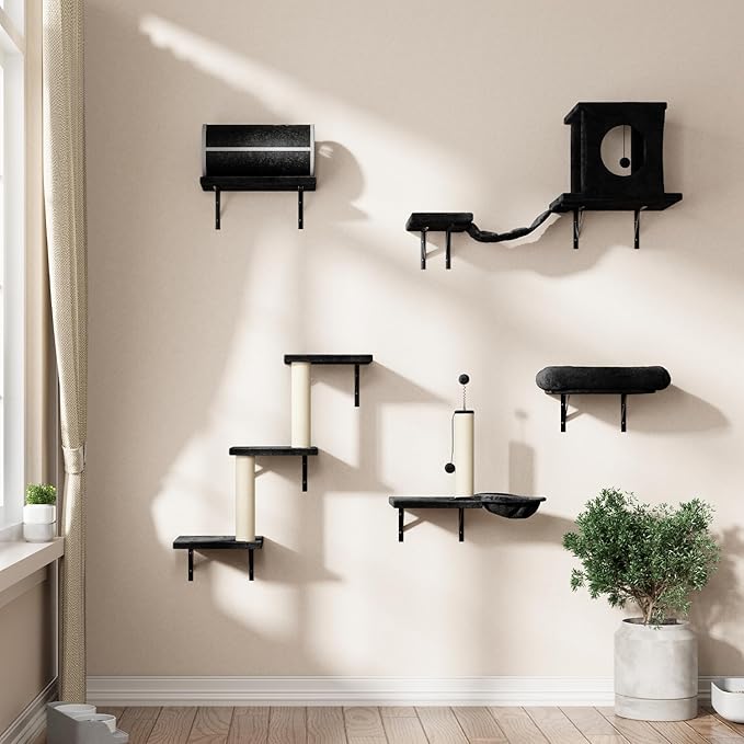 7-in-1 Cat Wall Shelves, Wall Mounted Cat Climber Set, Cat Furniture with House, Tunnel, Bridge, Steps, Scratcher, Hammock, Shelves for Indoor, Black