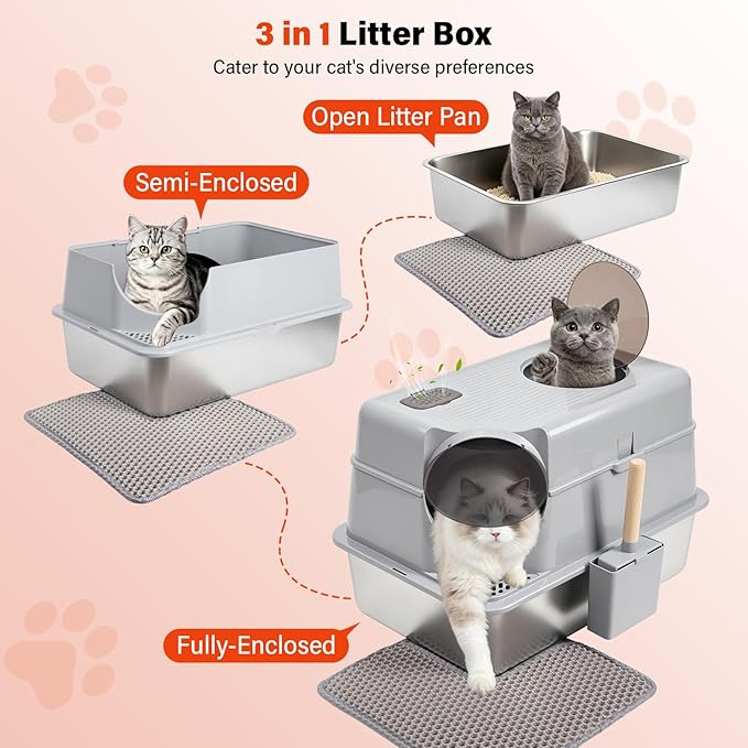 Stainless Steel Litter Box with Lid, Extra Large Enclosed Cat Litter Box for Big Cats, Metal Cat Box with High Sided Enclosure & Scoop, Front & Top Entry, Odor Free, Anti-Leakage, Grey