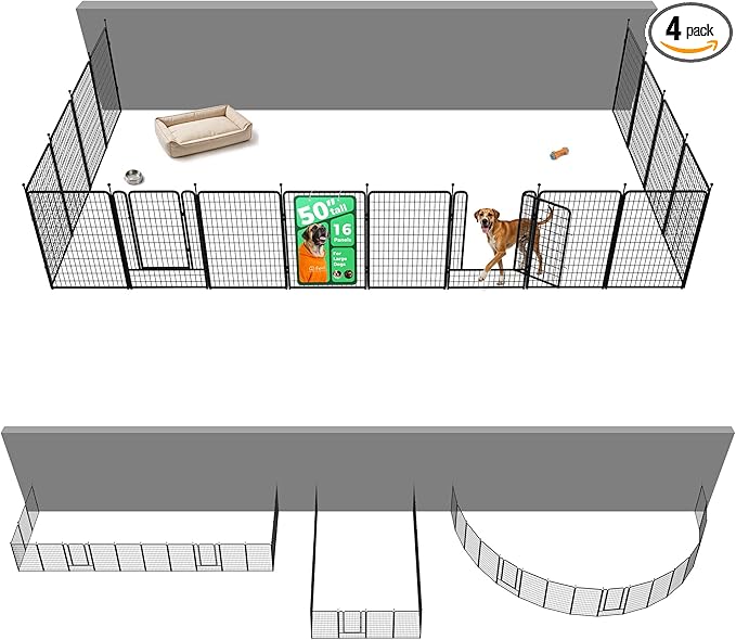 FXW Rollick Unleashed Dog Playpen for Indoor, Yard, RV Camping, 50 inch 16 Panels Dog Pen with Anchor Kit (4 Packs) for Large Dogs, Black│Patented