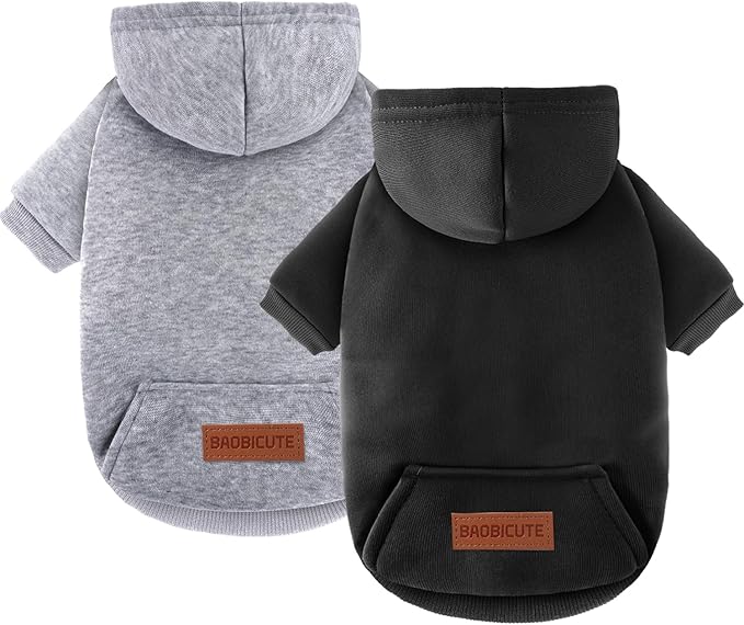 2 Pack Dog Hoodie Warm Hood Dog Sweater Cold Weather Small Dogs Sweatshirt Comfort Pet Clothes for Small Medium Dogs with Pockets (Black+Grey, XXS (Back: 5.9",Chest: 10.6", 0.8-1.8lbs))