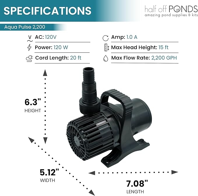 HALF OFF PONDS Submersible Water Pump, 2,200 GPH Pond Pump with 20FT Power Cord and 15FT Max Head, 120W Ultra Quiet Energy Efficient Pump for Koi Pond, Fountain, Waterfall, Water Garden, Skimmer