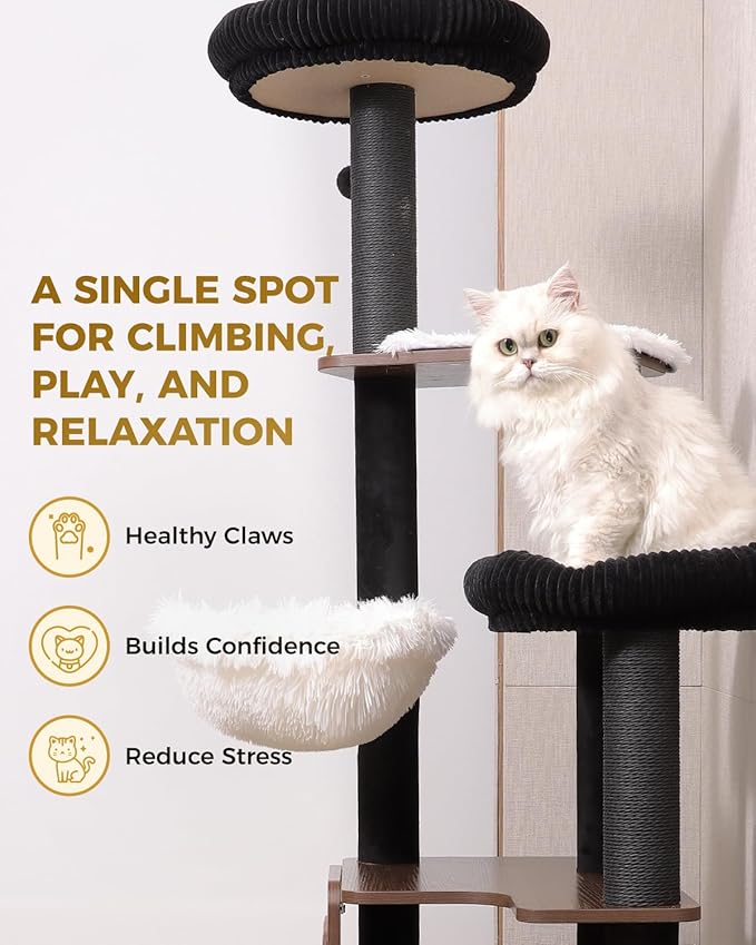 63" Modern Cat Tree Tower for Indoor Cats, Heavy Duty Cat Trees for Large Cat, Adult Maine Coon Cat Tree Tower with Scratching Post, Extra Large Top Perch, Cat Condos (Black)