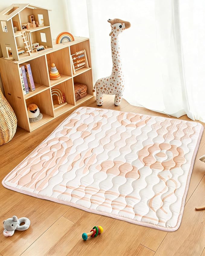 Baby Play Mat, 50x50 Mat with Super Soft Touch, Activity Mat with Upgraded Anti-Slip Bottom, Machine Washable Crawling Mat for Floor & Picnic(Beige Line)