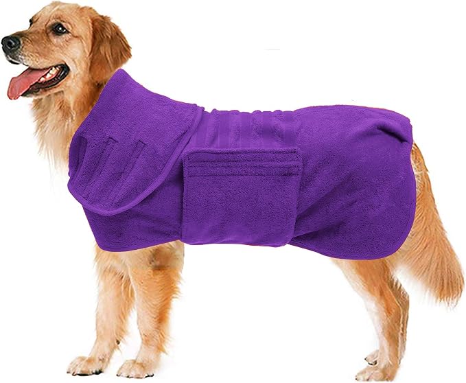Geyecete Dog Drying Coat - Fast Drying Dog Bathrobe Towel - Microfibre Super Absorbent Pet Cat Bath Robe, Luxuriously Soft Purple L
