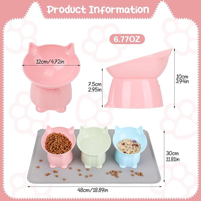 3 Pcs Elevated Cat Bowls 15°Raised Cat Food Bowl with Silicone Mat Whisker Friendly Anti Vomiting Cats Dishes Pet Food and Water Bowls for Indoor Cats Kittens