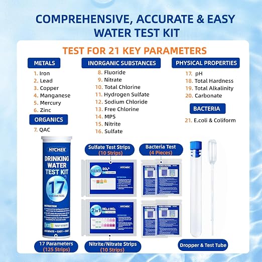 21 in 1 Accurate Drinking Water Test Kit, Well Water Testing Kit | 145 Strips + 4 Bacteria Tests, Home Tap Water Tester for Iron Lead Nitrate Fluoride Chlorine Copper Hardness pH and More