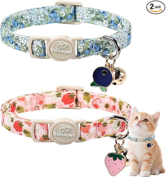2 Pack Spring Summer Cat Collars - Cute Breakaway Cat Collar with Bell, Bluberry and Strawberry Pendant, Adjustable Kitten Collars for Girl Cats, Pastel Floral Fruit