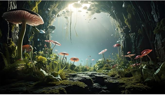 Aquarium Background Foggy Stone Mushroom Moss Aquarium Backdrop Mysterious Green Plants Cave Scenery Aquarium Background Durable Reptile Habitat Terrarium Background Tank Backdrop Vinyl 72x16in