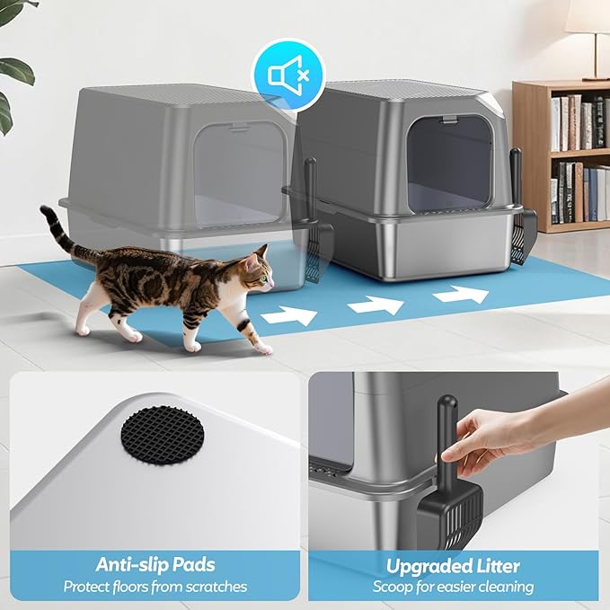 WoofiGo Enclosed Stainless Steel Cat Litter Box with Lid, XL Extra Large Litter Box for Big Cats, Metal Litter Pan High Sided, Never Absorbs Odors, Anti-Urine Leakage, Include Scoop (Light Grey)