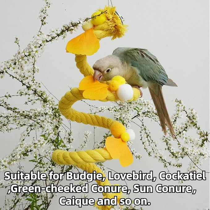 Bird Toys, Rope Perch for Parrots, 39.3 Inches Long, Brightly Colored Handmade Chew Toy, Spiral Design Bird Cage Climbing Rope for Lovebird Conure Quaker Budgie Cockatiel (Pink)