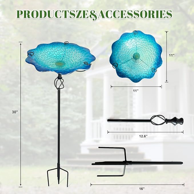 HONGLAND Bird Baths for Outside,11" Small Blue Glass Birdbaths Outdoor,Detachable Bird Feeder with Metal Stake for Garden Yard Patio Decor,30" Height