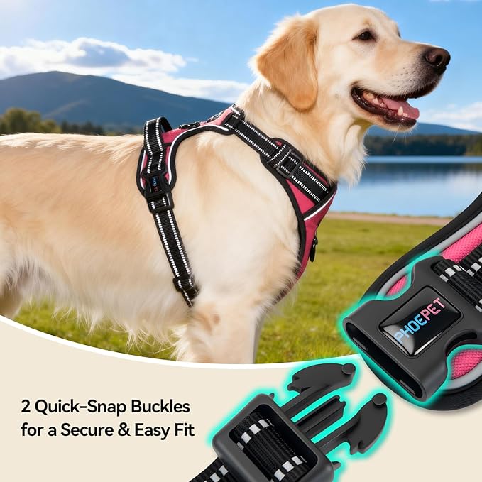 PHOEPET Reflective Dog Harness No Pull Large Breed Vest with 2 Metal Leash Attachment Hooks(XL, Pink)