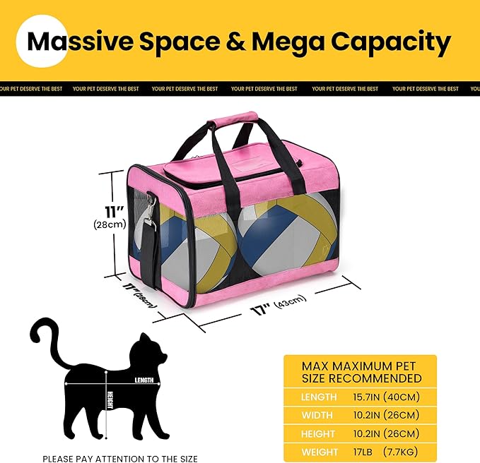 Conlun Cat Carrier Airline Approved, Soft-Sided Dog Carrier with Inner Safety Leash, Pet Transport Carrier for Small-Medium Cats Puppies up to 15 Lbs, Collapsible Travel Kitten Carrier Bag -Pink M