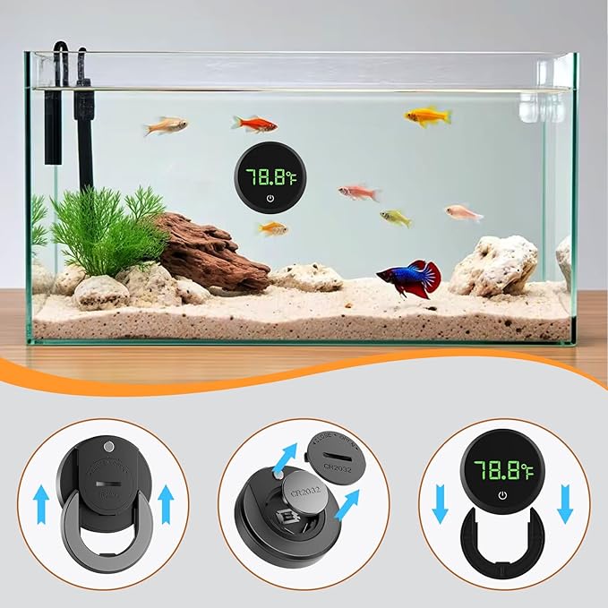 Carefree Fish Aquarium Digital Thermometer Cordless Replaceable Battery LED Display Temperature Measurement Error ±0.9℉(US Patent Number:D1038779S)