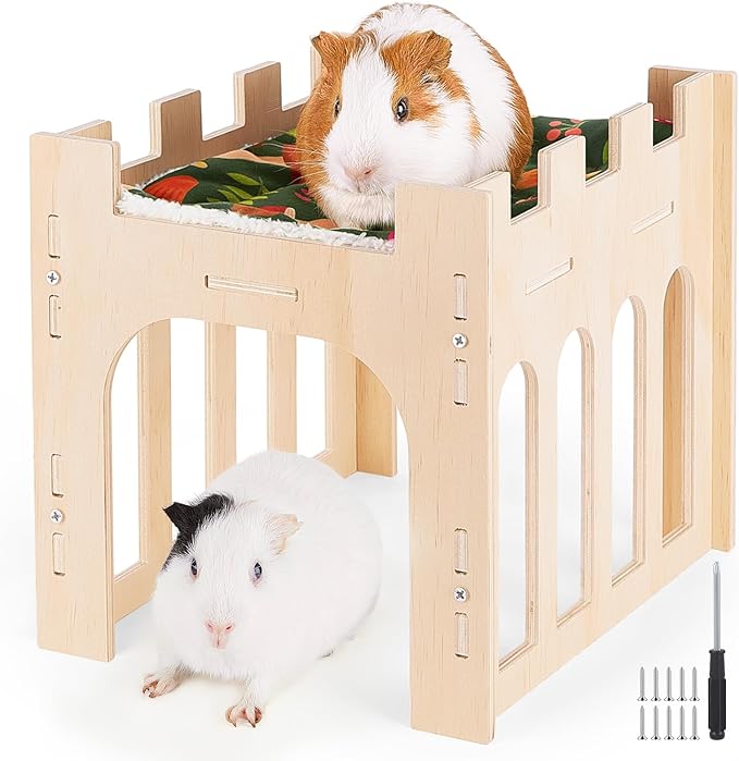 Bienbee Guinea Pig Hideout, Large Wooden Guinea Pig House with Soft Mat for Small Animals Bunny Hamster Chinchilla Ferret Rabbit Hedgehog Squirrel Guinea Pigs Accessories
