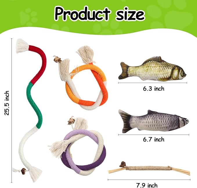 Goosheep Cat Toys 6Pcs with Chew Rope & Silvervine Sticks & Floppy Fish for Indoor Cats, Natural Dental Care Interactive Cat Catnip Toys for Chewing, Teething, Biting and Kicking