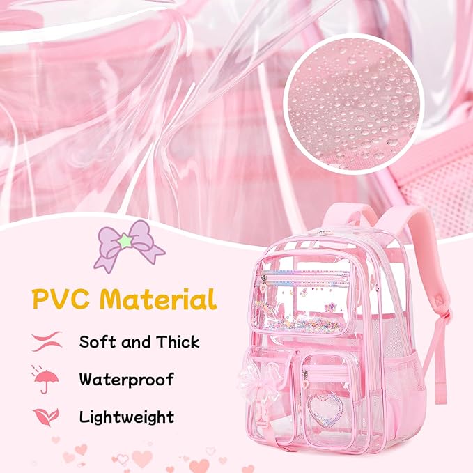 MOONBABY Clear Backpack for Girls, Clear Bookbag Heavy Duty Transparent Backpack for Stadium Events, See Through Back Pack for Kindergarten Elementary Middle High School, Pink