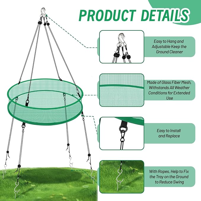 2 Pcs Bird Seed Catcher for Outdoor Feeders, 20" Hanging Bird Feeder Seed Catcher Platform with Adjustable Hanging Hoop for Hummingbird Bee Feeder Outdoor Garden Backyard Accessories(Green)
