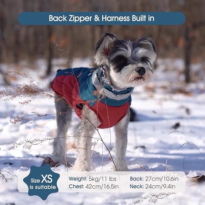 FUAMEY Dog Coat for Small Dogs,Waterproof Dog Winter Jacket with Harness Built in Puppy Cold Weather Coats Reflective Pet Vest with Zipper Warm Fleece Dogs Snowsuit Windproof Dark Blue S