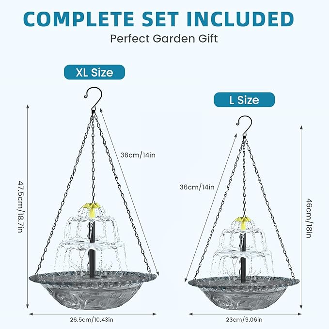 Solar Fountain for Bird Bath, Hanging Cascade Water Feature for Outdoor Garden & Yard Decor, Creates a Relaxing Flow that Attracts Birds (Gray)