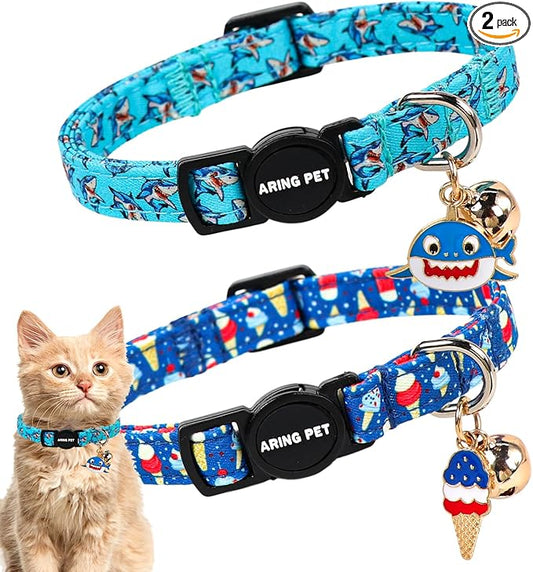 ARING PET 2 Pack Cat Collars with Bell, Cute Soft Cotton Kitten Kitty Breakaway Summer Cat Collars for Boy Girl Cats-Blue Shark & Ice Cream