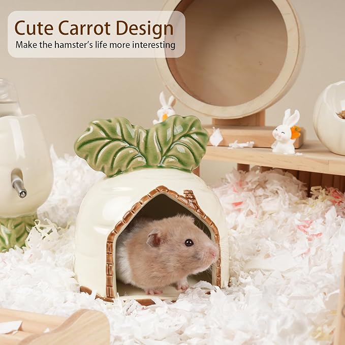 Ceramic Hamster Hideout, Hamster House and Habitat, Syrian Hamster Hideout Decor Cool Bed for All Season Gerbil, Mice Guinea Pig (White, Carrot)