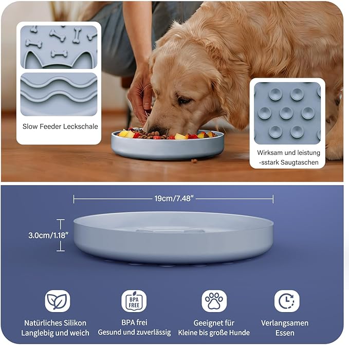 Slow Feeder Dog Bowl with Non-Slip Base, Silicone Puzzle Dog Food Bowl with Unique Design, Slow Feeding Bowl for All Types of Dogs Cats, Interactive Slow Eating, Anti-Choking, BPA-Free