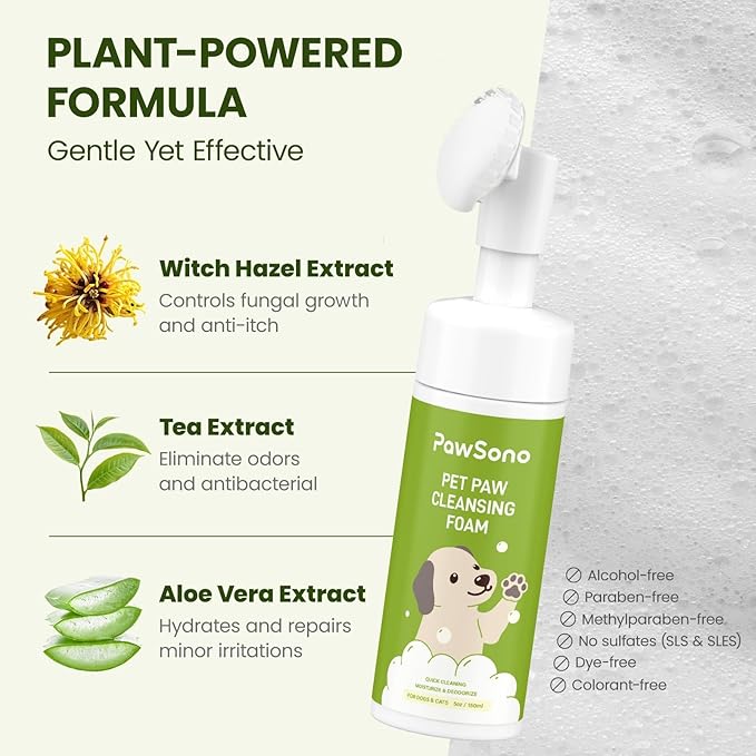 PawSono Paw Cleaner for Dogs & Cats, No-Rinse Foaming Pet Foot Washer with Built-in Scrubber Brush for Dirty, Muddy Paws – Suitable for Small, Medium & Large Dogs, Puppies, Kittens (5 fl oz)