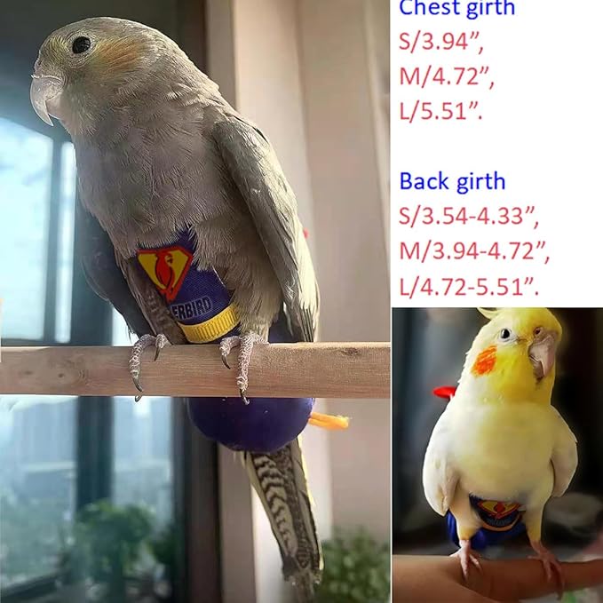 Parrot Flight Suit Diaper (Without Leash) - Reusable Bird Diaper for Budgies, Lovebirds, Cockatiels, and More - Fabric Bird Suit (Blue Superman-S)
