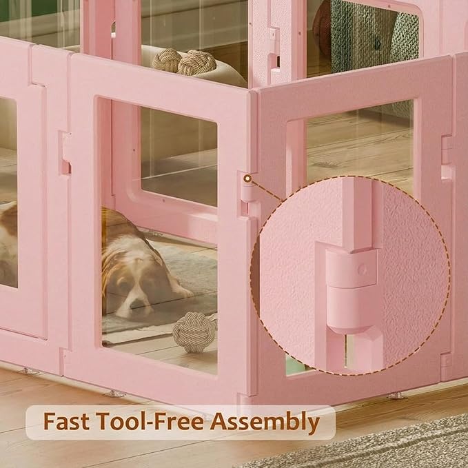 Clear Acrylic Dog Playpen Indoor, Puppy Cat Small Pet Play Pen, Easy Assemble & Disassemble Sturdy Plastic Dog Fence with Heavy Duty Door Lock (24In H, 10PCS), Pink