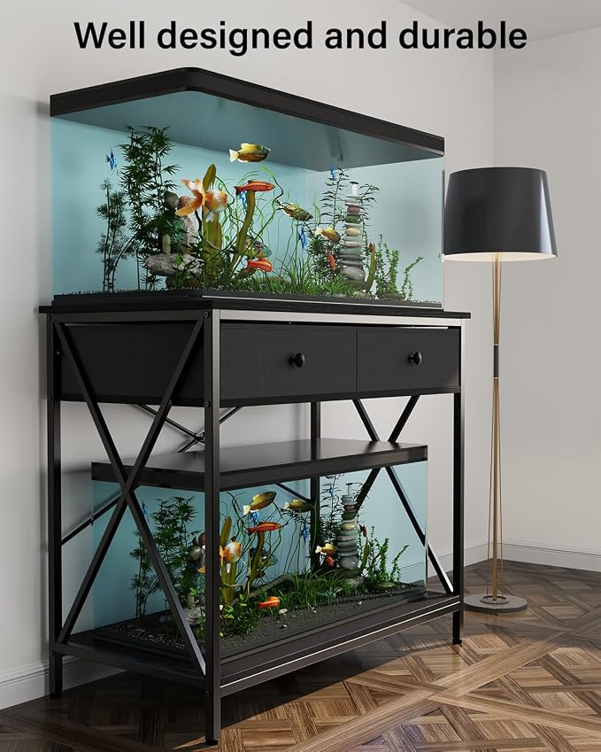 Fish Tank Stand with Drawer,40-50 Gallon Aquarium Stand Easy Assemble | Stable Metal Frame, 2-Tier Breeder Reptile Turtle Terrarium Stand Fits Office Room Home, Adjustable Feet, Accessories Storage
