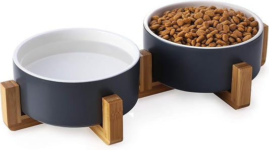 Y YHY Ceramic Pet Feeder, 24oz Dog & Cat Bowls with Wooden Stand, Modern Double Bowls Set - Dishwasher Safe