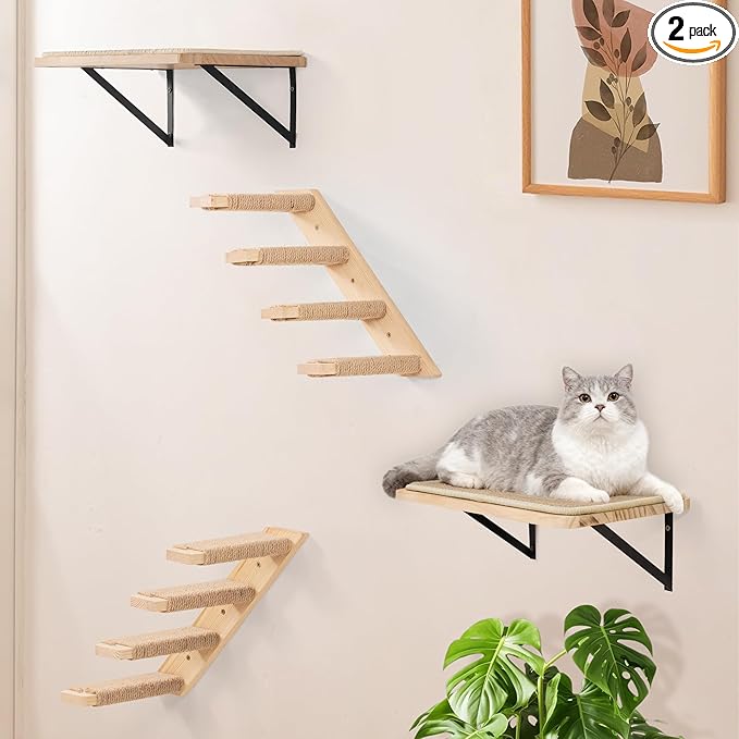 Cat Wall Furniture Set, 2PCS Cat Shelves & 2PCS 4 Steps Wall Shelves Stairs Tower Climbing Scratching Perches for Climbing Sleeping, Playing