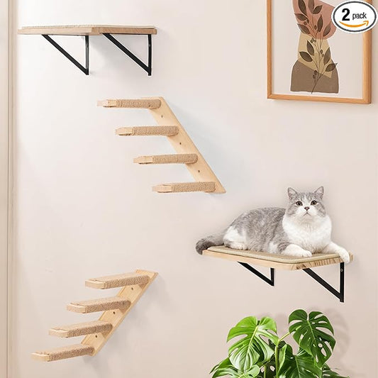 Cat Wall Furniture Set, 2PCS Cat Shelves & 2PCS 4 Steps Wall Shelves Stairs Tower Climbing Scratching Perches for Climbing Sleeping, Playing
