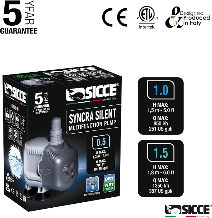 SICCE Syncra Silent 0.5 Multifunction 185 GPH Submersible Water Pump | Italian Made 8W Ultra Quiet Durable for Aquarium Fish Tank, Fountain, Pond, Hydroponics, Terrarium Black | Freshwater & Saltwater
