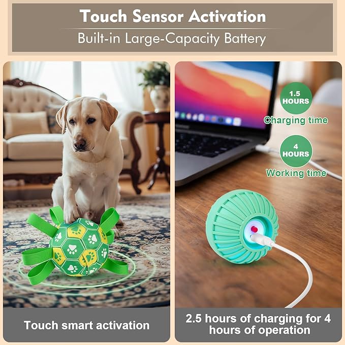 Interactive Dog Toys Dog Soccer Ball to Keep Them Busy,Durable Automatic Moving Jumping Dog Balls with Straps for Small/Medium/Large Dogs, USB Rechargeable,Not for Aggressive Chewers