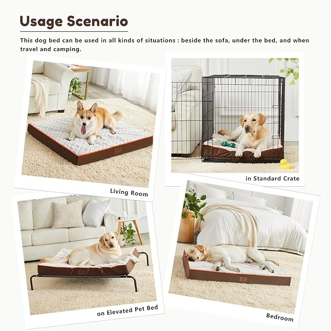 Figopage Orthopedic Dog Beds Large Sized Dog, Memory Foam Dogs Bed with Removable Cover, Washable Pet Mat Non-Slip Bottom, Waterproof Pet Crate Pad, 42×28, Brown