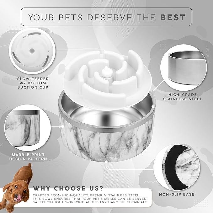 FAHRMOSIS 64 OZ Dog Bowl with Slow Feeder Insert Stainless Steel Pet Water Bowl for Medium & Large Breed Non Slip Rubber Base & Plastic Puzzle Feeder - White Marble