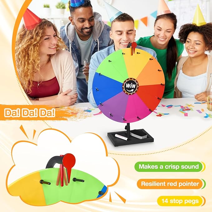 AugFir 18-inch Tabletop Prize Wheel, Prize Wheel Spinner with Stand & Storage Base, Featuring a Prize Wheel with 14 Customizable Color Sections. Suitable for Party Games, Family Games (Original)