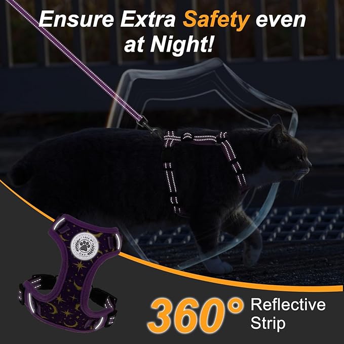 BEAUTYZOO Cat Harness, Escape Proof Cat Leash and Harness Set for Walking, Soft Breathable Vest Harness with Neck Adjustable, Reflective Easy-Control Kitten Harness for Cats (Star Design),Purple M
