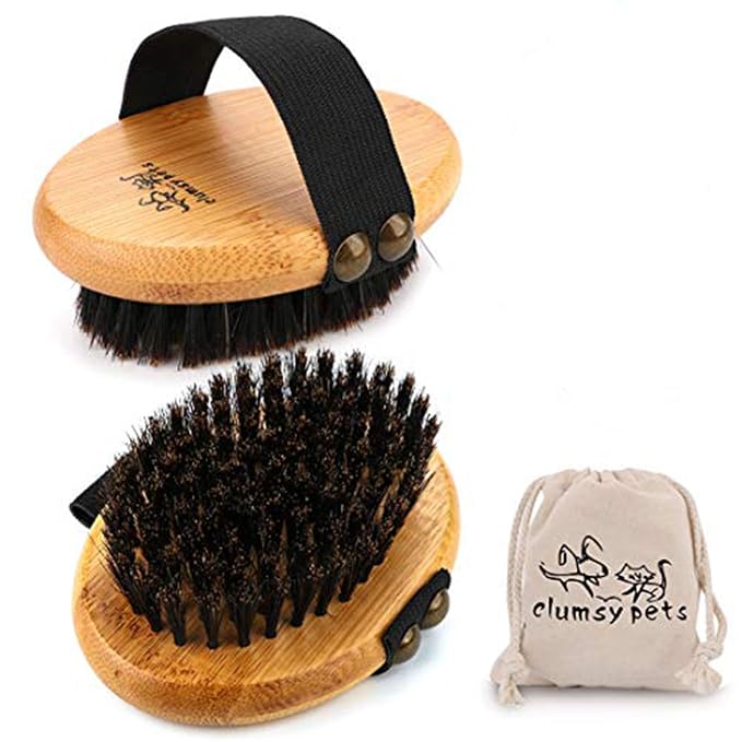 Bamboo Grooming Palm-Held Pets Brush with Boar Bristles & Elastic Band for Dog Cat Shower Bath and Massage