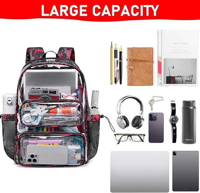 CAMTOP Clear Backpack Heavy Duty Transparent Bag See Through BookBag for Student School Work Festival Sport Travel (Graffiti Red)