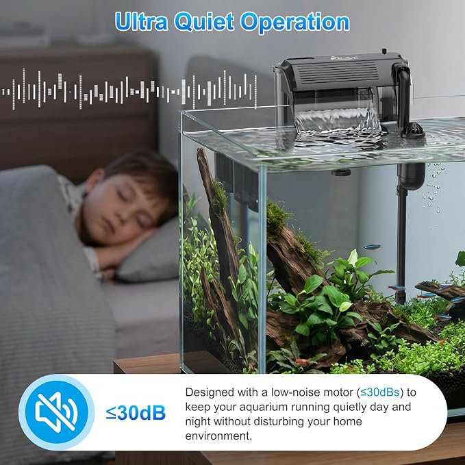 AQQA Aquarium Hang on Back Filter Whisper Fish Tank HOB Filter | Adjustable Flow, Multi-Stage Filtration with Surface Skimmer & Sponge Guard for Small Fish Tanks 10-30 Gallon (5W, 106GPH)