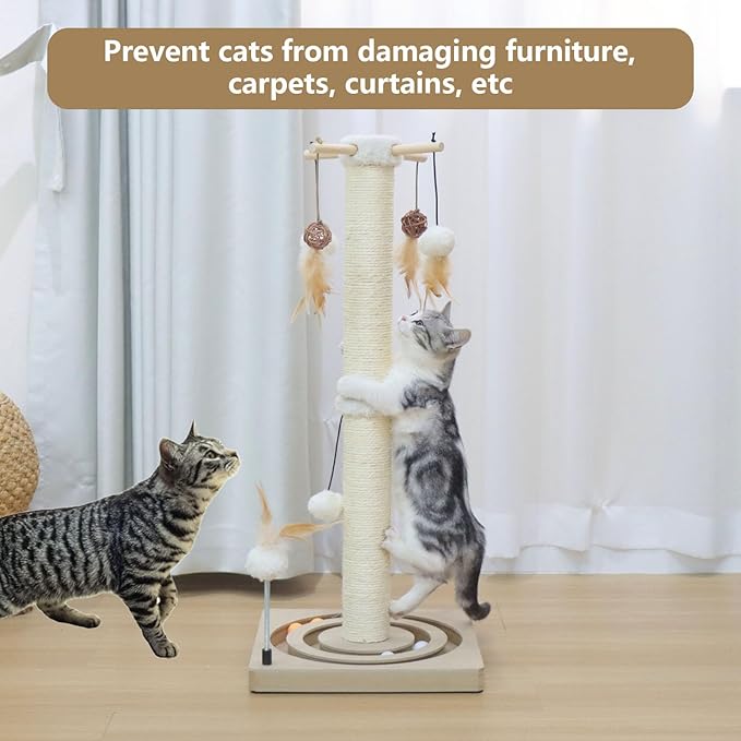PEEKAB Cat Scratching Post Sisal Scratch Posts for Indoor Cats and Kittens,30 Inches Tall with Tracking Ball Interactive Toys and Hanging Balls Beige
