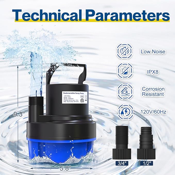 AgiiMan 1/2HP Submersible Water Pump, 2200GPH Portable Sump Pump for Pool Draining, Pool Cover Pump with 25FT Power Cord for Basements, Pool, Fountains, Hot Tub, Garden, SkyBlue